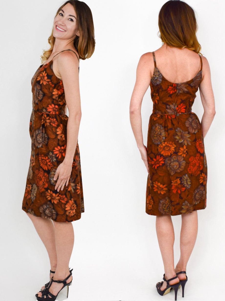 1950s Brown Floral Print Cotton Sheath Dress, Extra Small