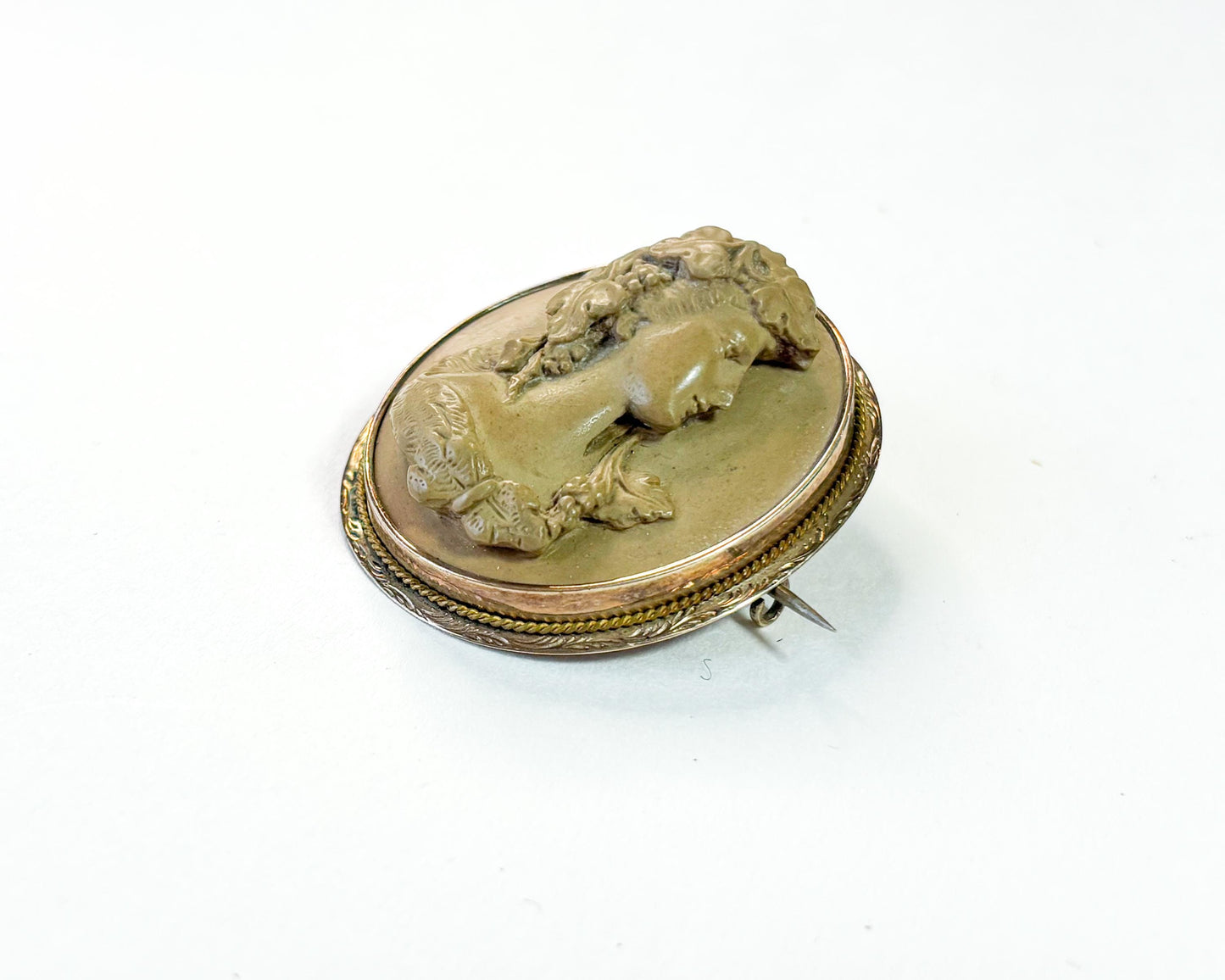 1930s Brown Carved Stone Cameo Brooch, Etched Bronze Frame