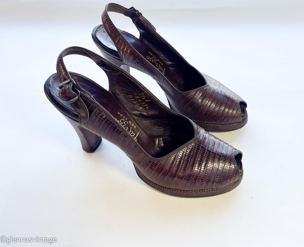 1940s Brown Lizard Platform Slingback Heels, 7.5 A, 38