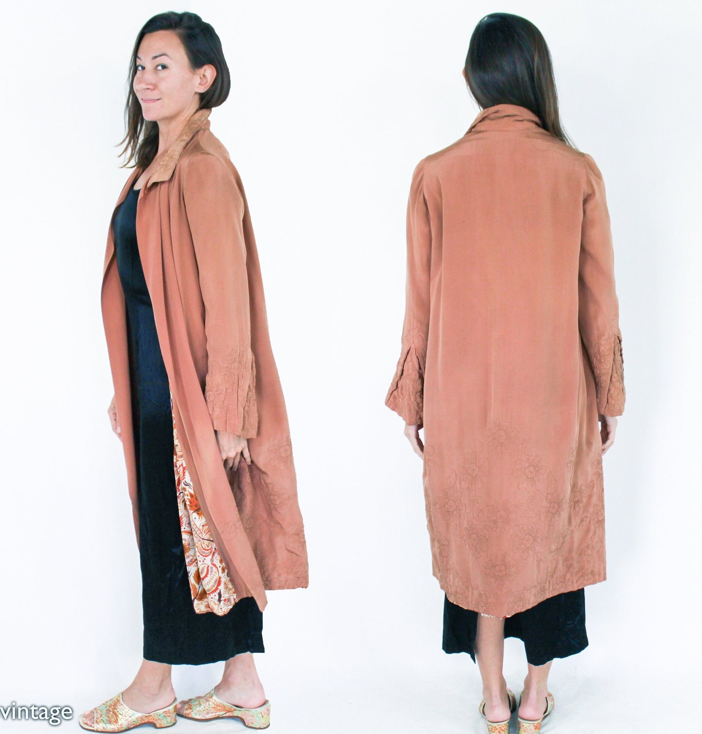 1910s Embroidered Taupe Silk Evening Coat | Antique Floral Trapunto