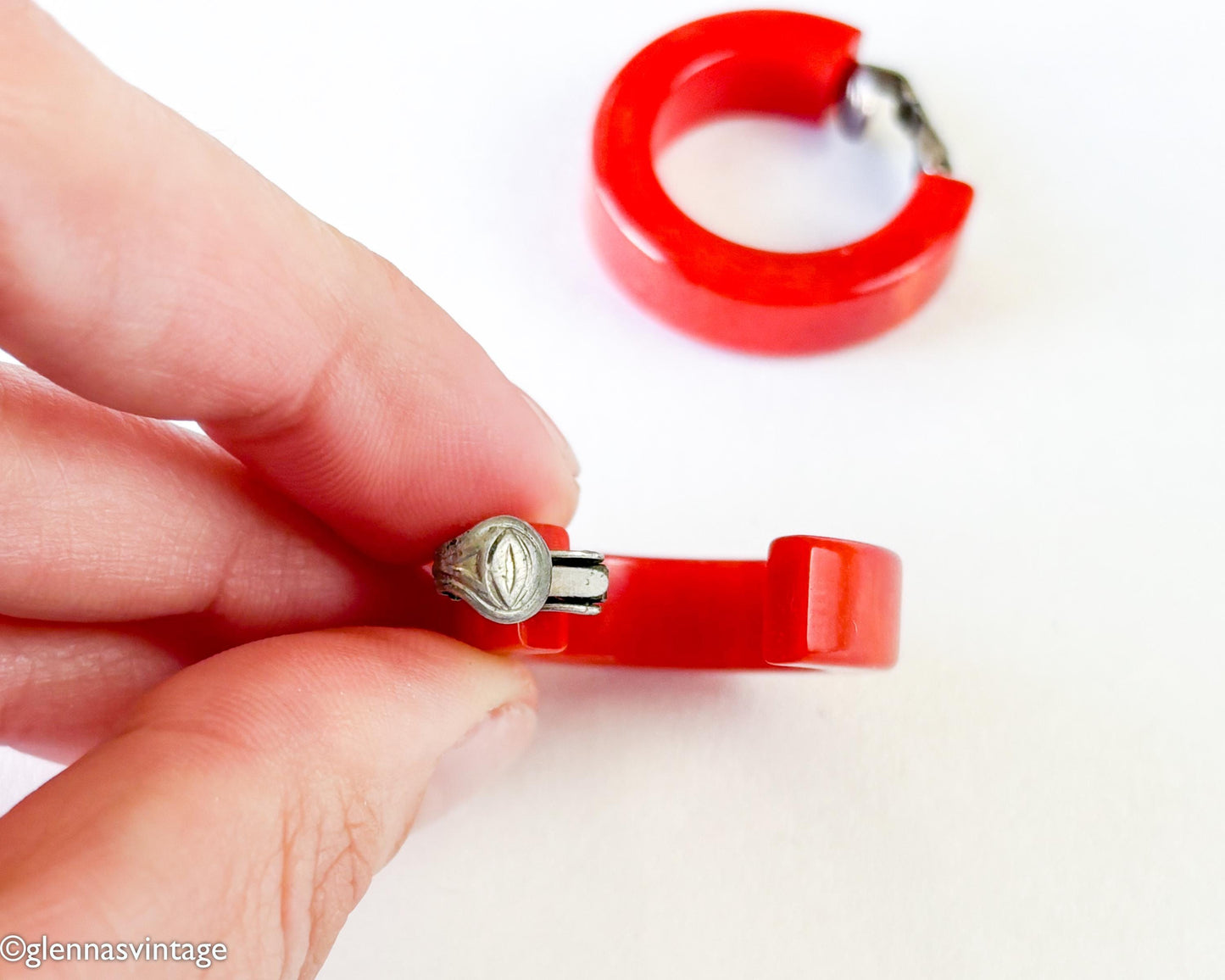 1940s Red Bakelite Earrings | Red Hoop Plastic Clips