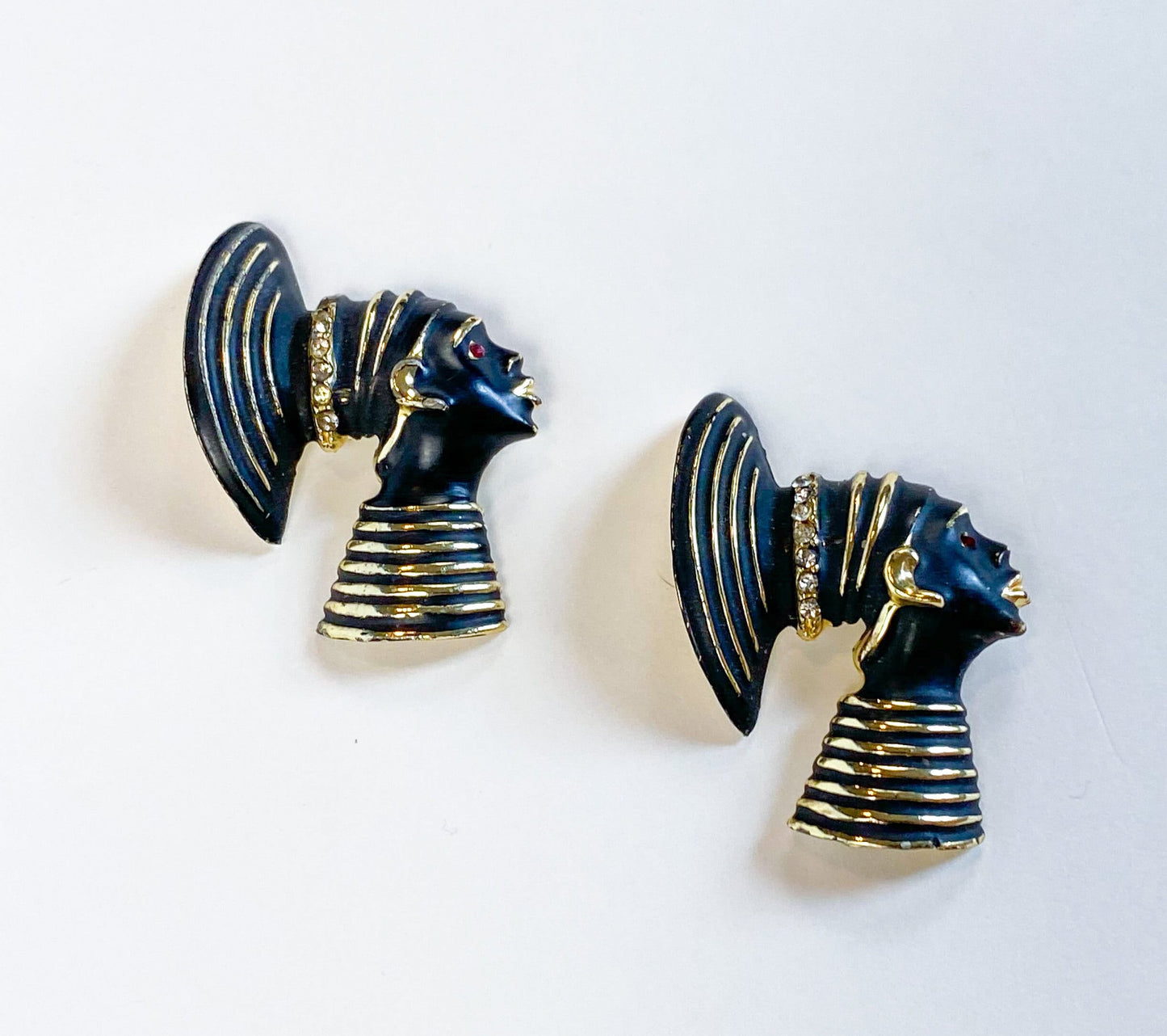 1950s Nubian Princess Brooch Set | Gold & Black Enamel Pins