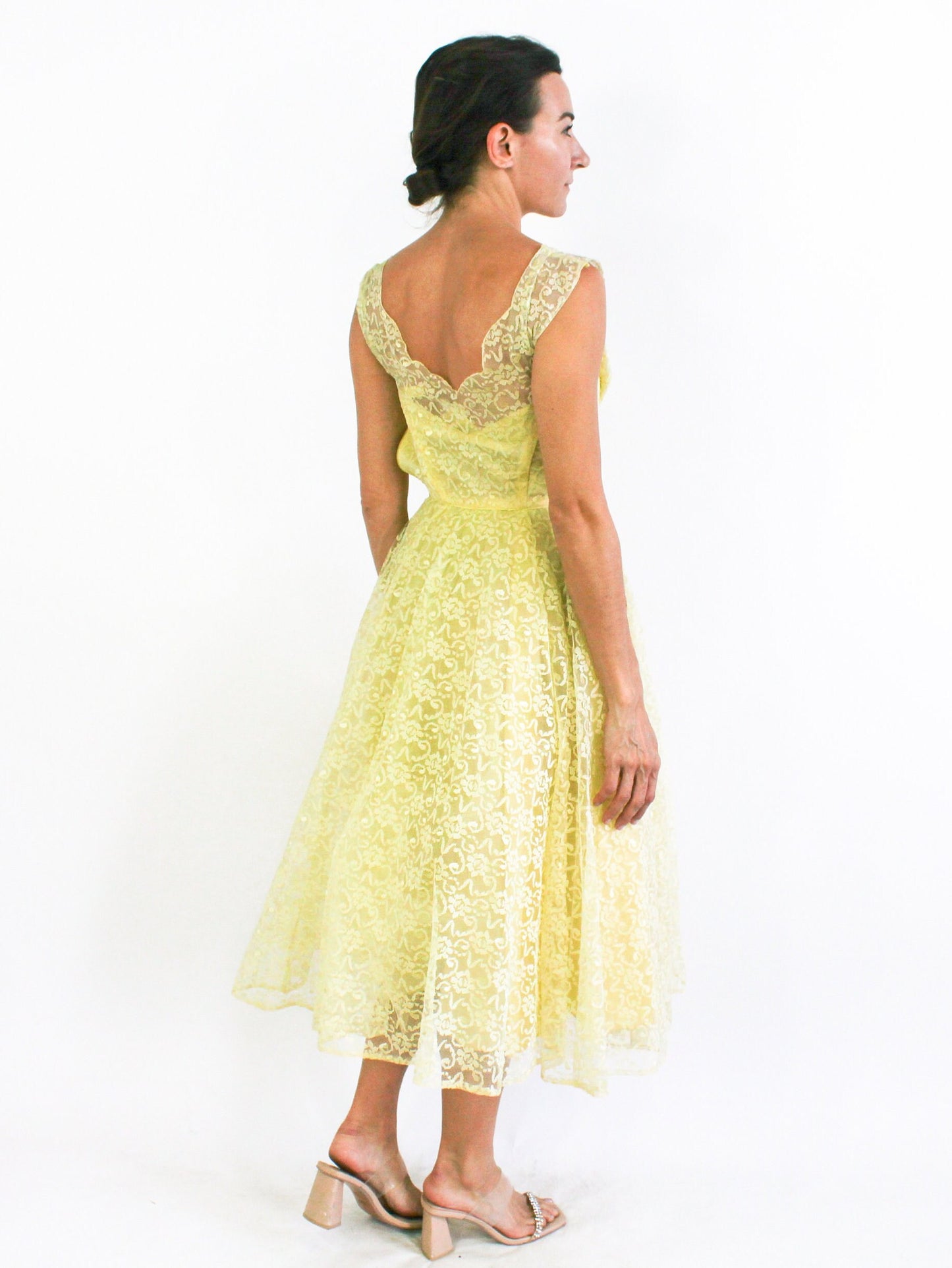 1940s Yellow Lace & Tulle Evening Dress, Extra Small