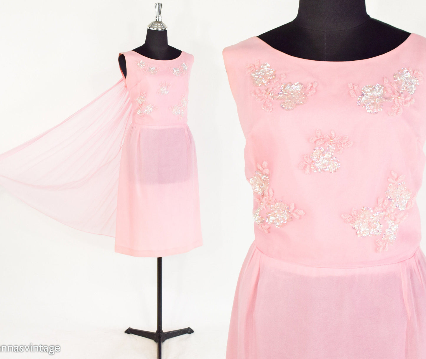 1950s Pink Chiffon Party Dress | Sequin Beaded Cocktail Gown, Large
