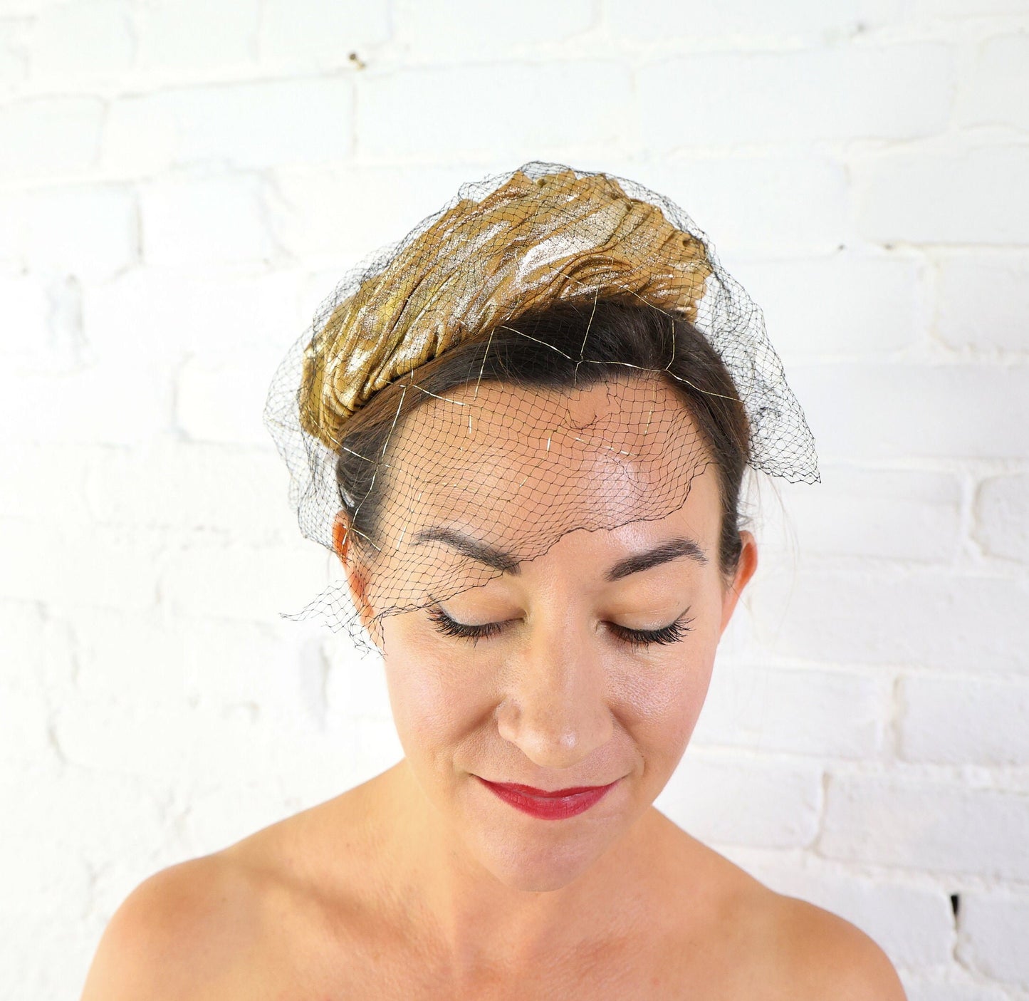 1950s Metallic Gold Fabric Hat | 50s Gold Metallic Gathered Hat