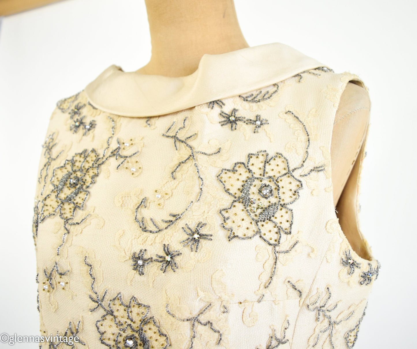 1960s Beaded Silk Cocktail Dress | Vintage Floral Lace, Medium
