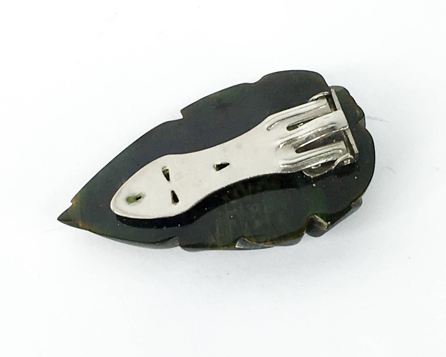 1940s Carved Flower Bakelite Dress Clip | Dark Green & Black