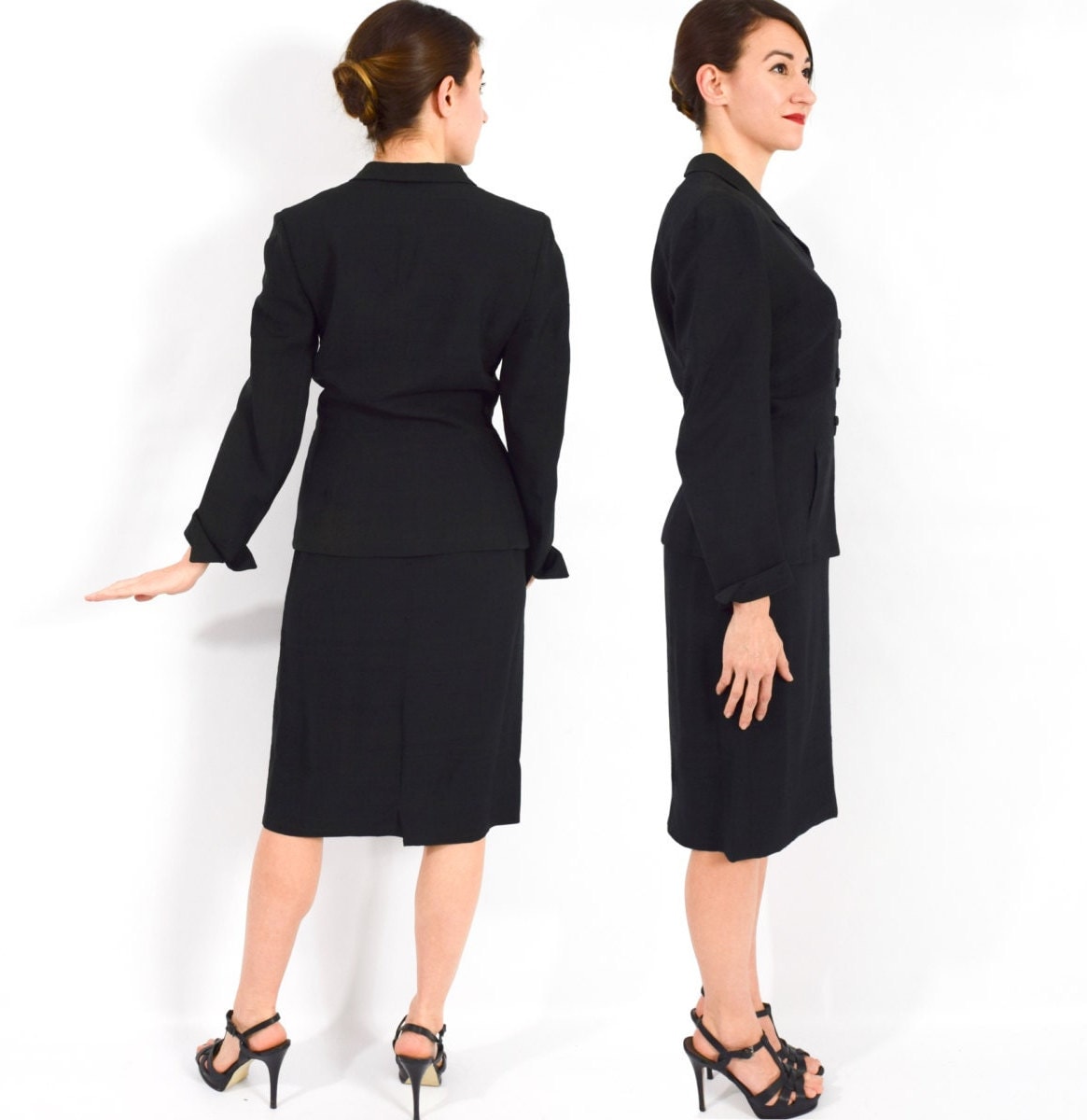 1950s Black Rayon Suit | 50s Black Jacket & Pencil Skirt | Chai Bo Originals | Small