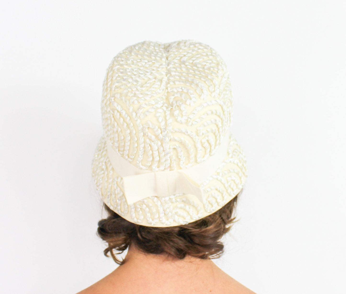 1960s Creme White Sequin Wool Felt Bucket Hat