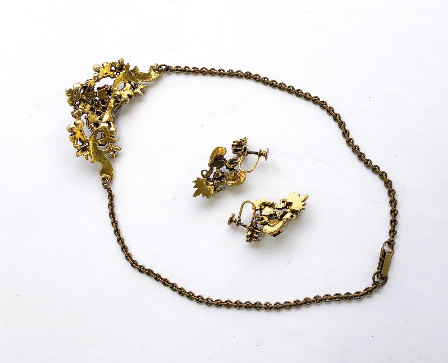 1940s Garnet Rhinestone Necklace & Earrings Jewelry Set