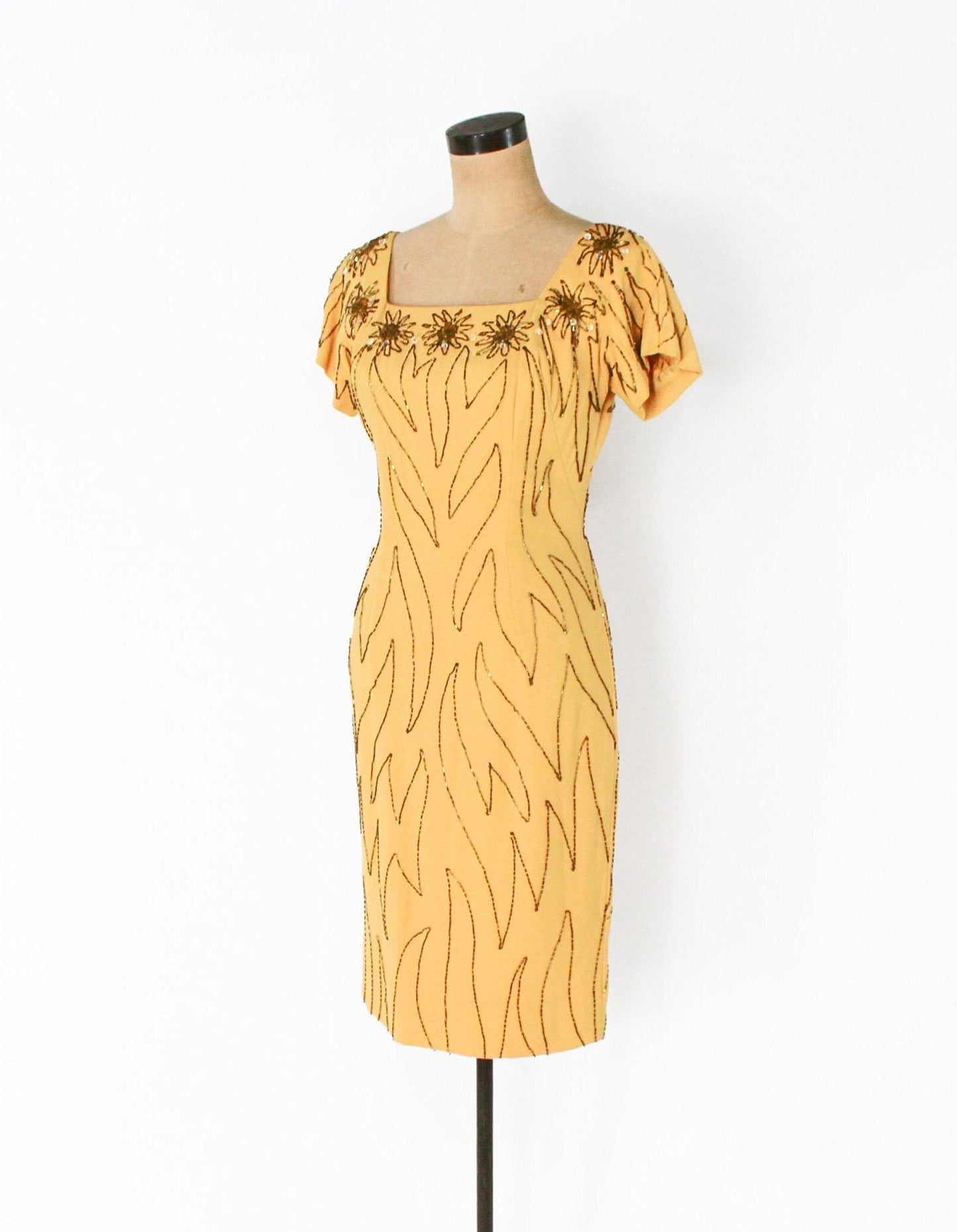 1950s Yellow Beaded Cocktail Dress, Small
