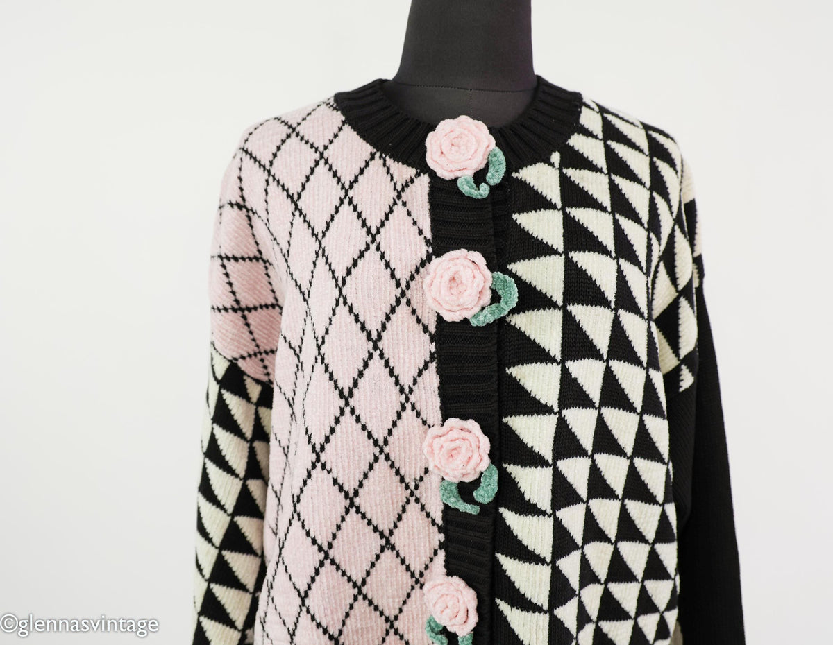 1980s Pink Black Geometric Chenille Cardigan, Large