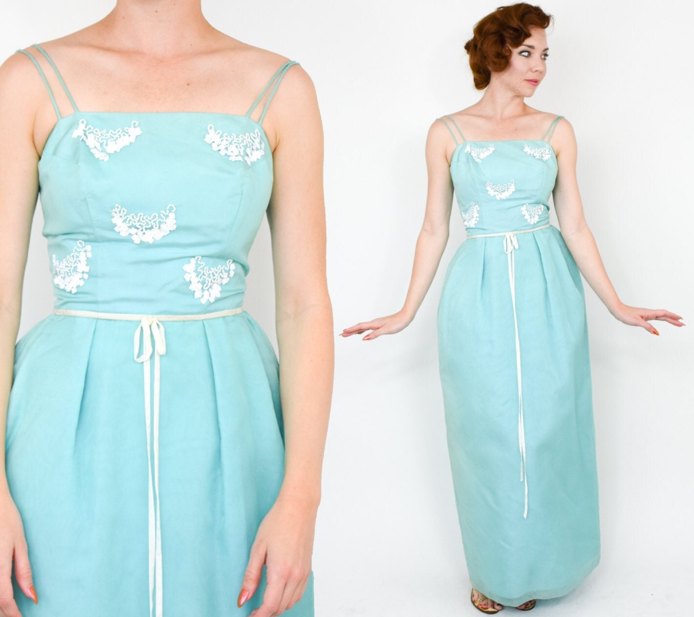 1950s Turquoise Blue Column Dress, Extra Small