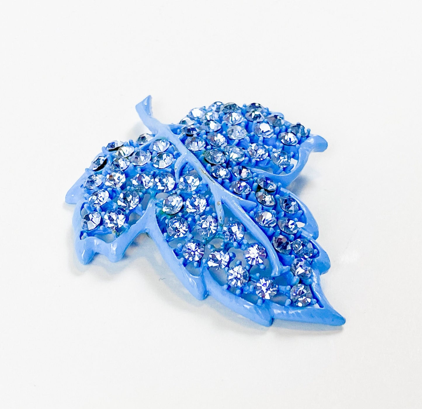 Weiss | 1960s Blue Rhinestone Leaf Brooch | 60s Blue Enamel & Rhinestone Pin | Weiss