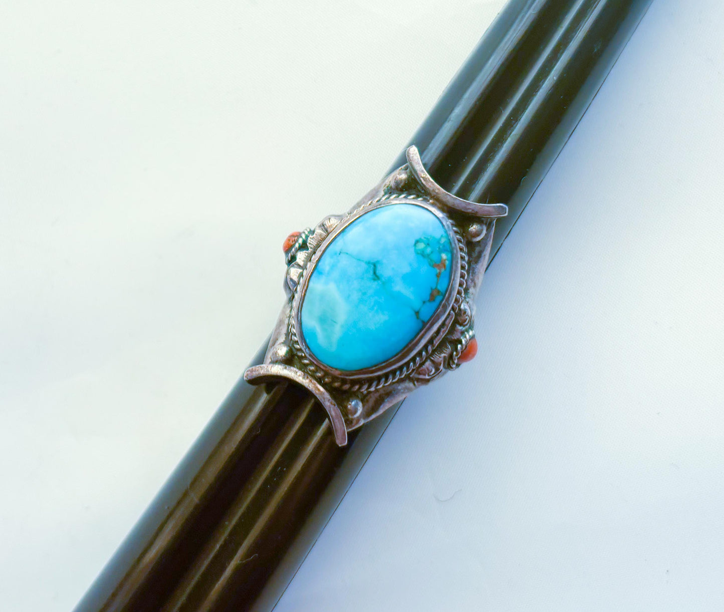 1940s Sterling Silver Turquoise Ring, Statement Large Silver Setting, Size 9