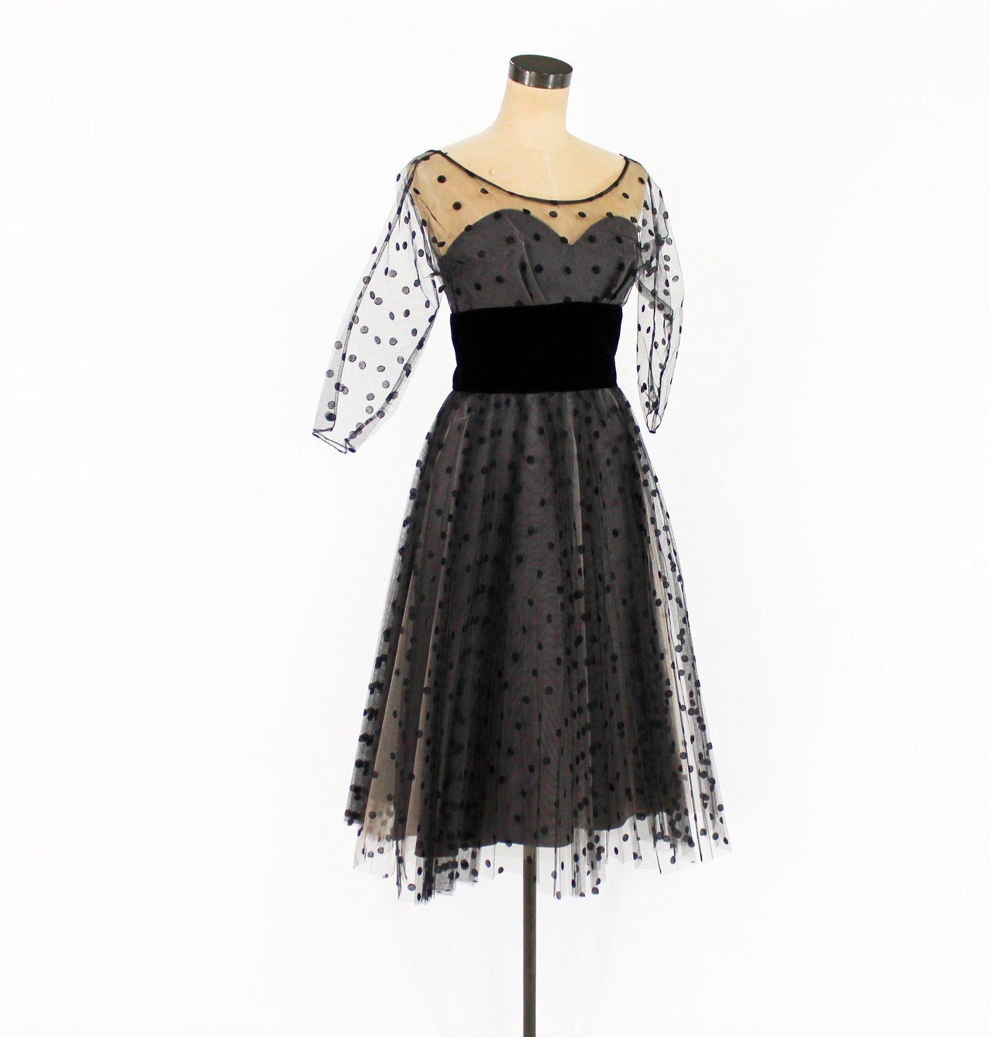 1950s Black Polka Dot Party Dress | 50s Black Tulle Cocktail Dress | Old Hollywood | X Small