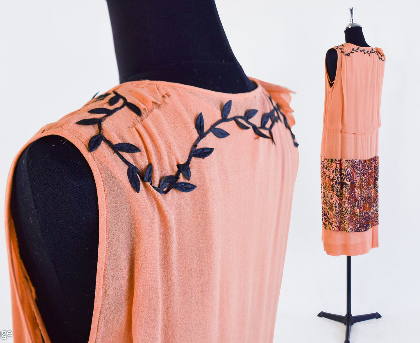1920s Orange Silk Flapper Dress with Burnout Velvet Panels, Medium