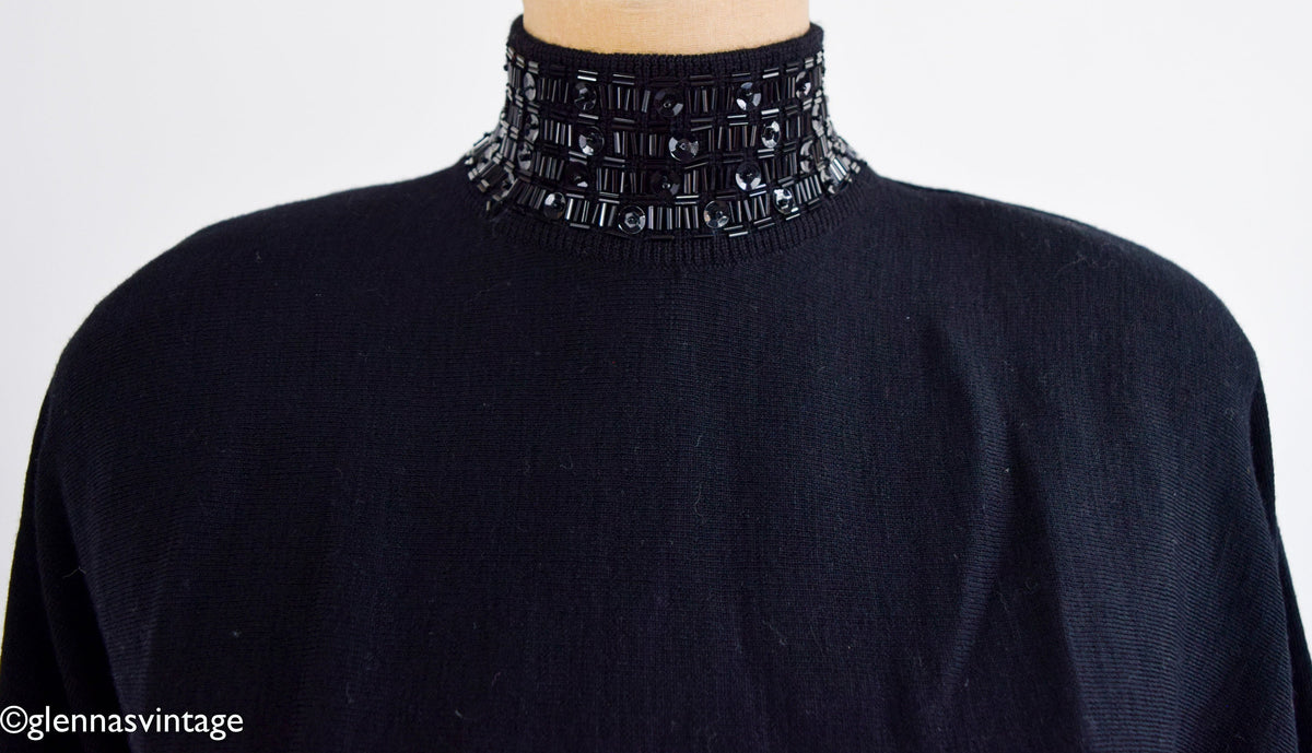 1980s Black Wool Beaded Turtleneck Sweater | Semplice, Medium