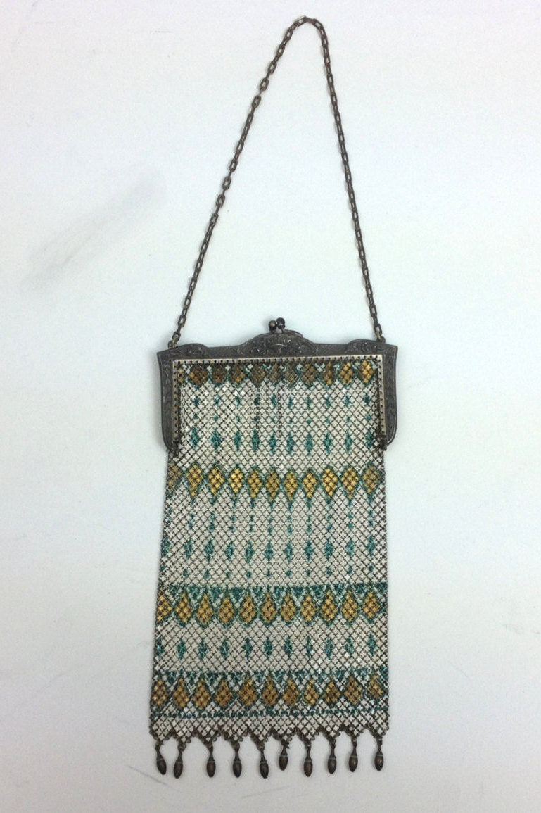 1900s White & Green Mesh Evening Bag | White  Gold Green Enamel Mesh Purse | Mandalin