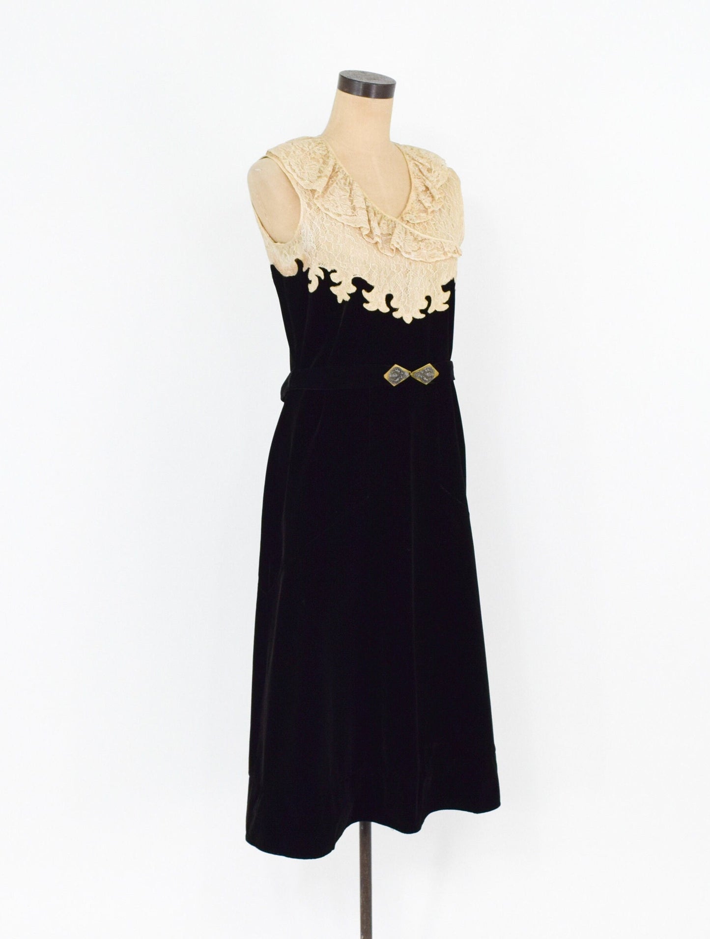 1920s Black Velvet Dress with Lace Bodice, Medium