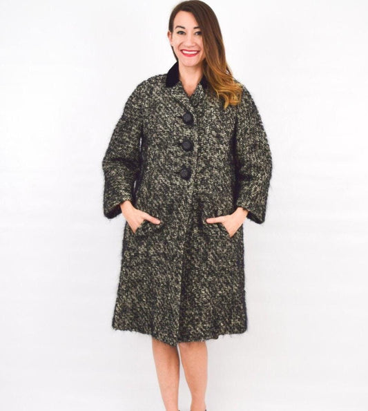 1960s Black Tweed Wool Coat | 60s Black Velvet & Mohair Wool Coat | Red Satin Lining | I. Magnin | Large