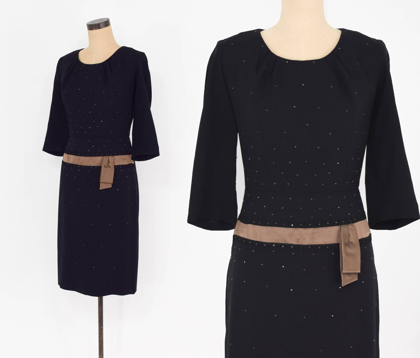 1950s Black & Bronze Crepe Cocktail Dress with Rhinestone Detail, Alan Peck, Medium