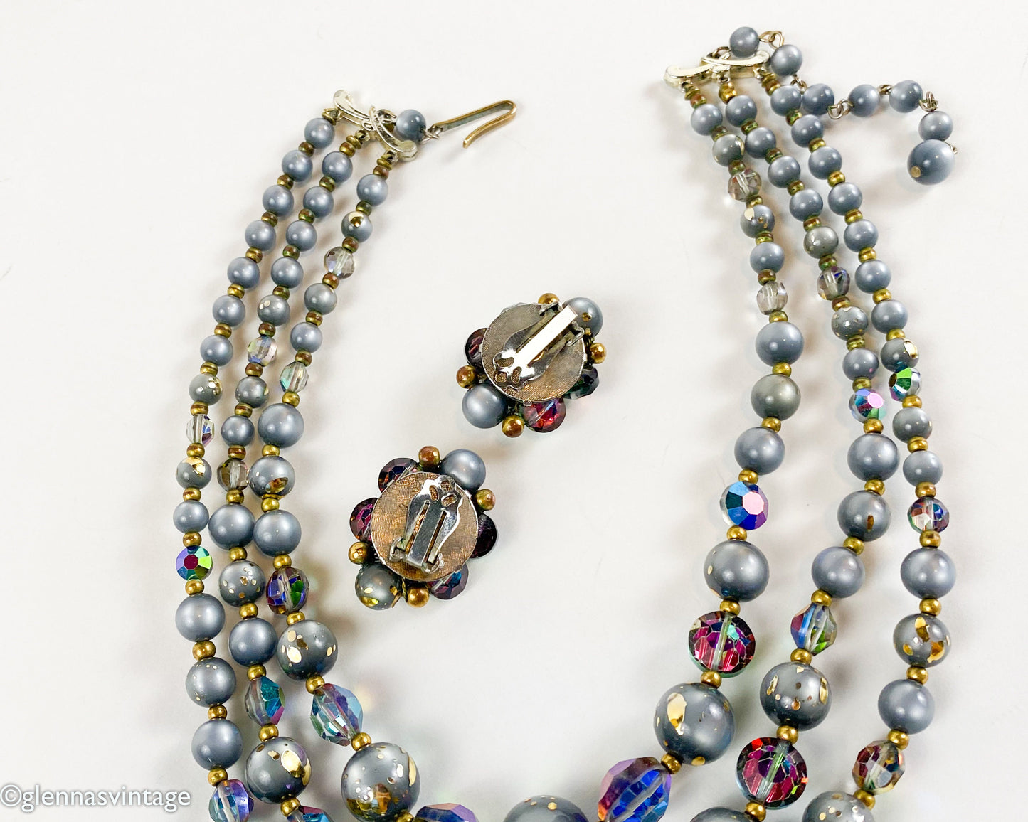 1960s Gray Aurora Borealis Necklace and Clip Earrings Set