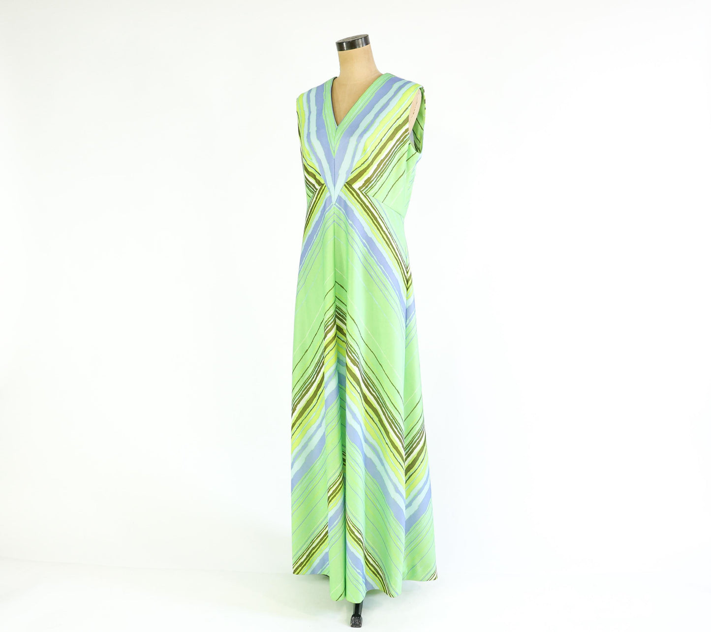 1970s Green & Blue Chevron Striped Maxi, 34" Waist