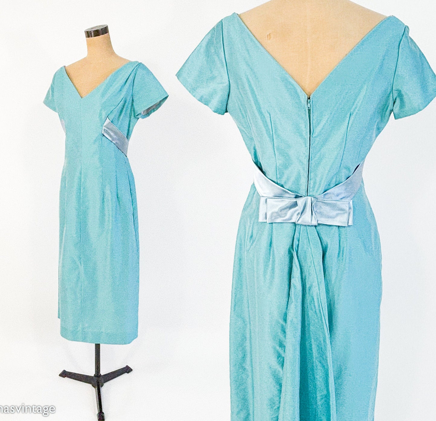 1950s Turquoise Blue Evening Cocktail Dress, Medium