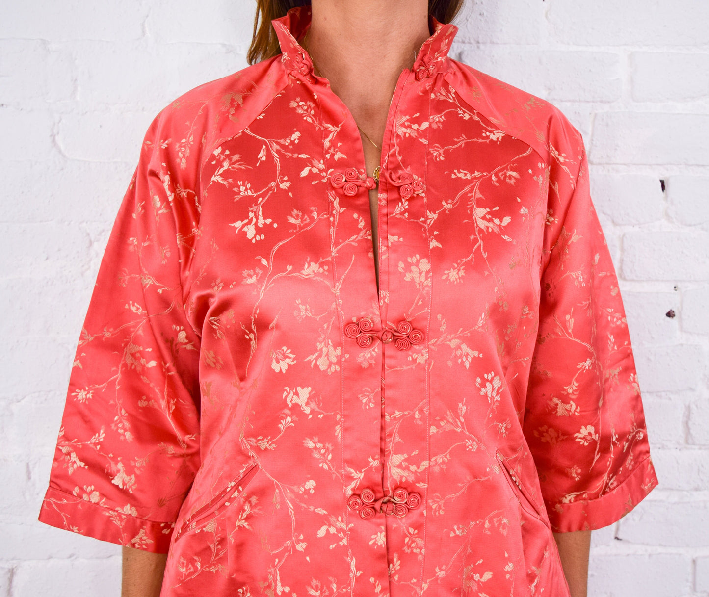 1950s Orange Asian Slacks Set | Silk Jacket & Pants, Medium