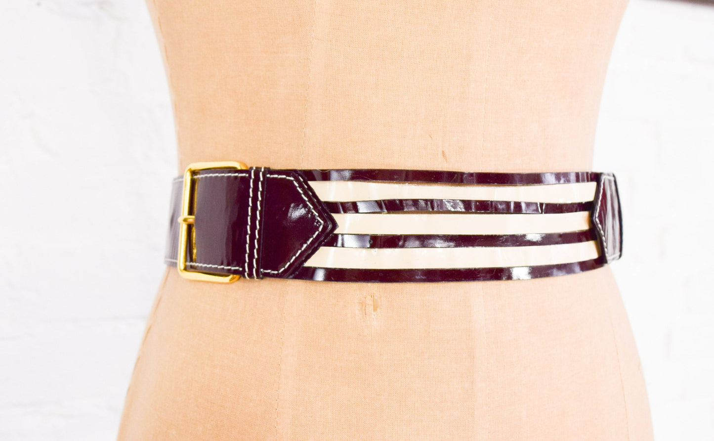 1980s Brown & White Patent Striped Belt | 80s Brown Patent Leather Belt | Escada