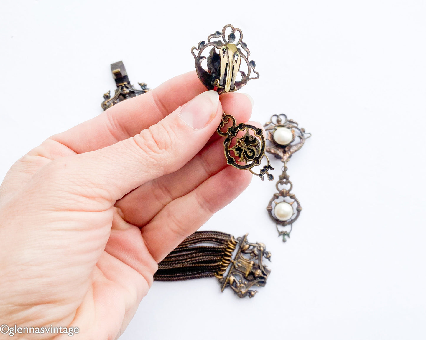 1930s Bronze Chain Bracelet & Pearl Clip Earrings, Art Nouveau Jewelry Set