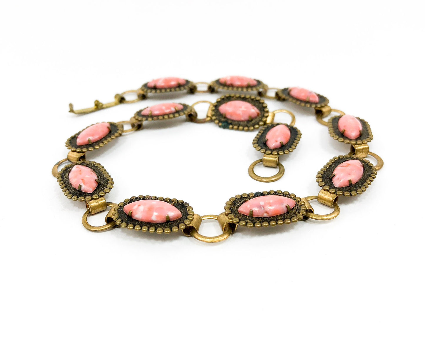 1940s Pink Choker Necklace | 40s Brass & Pink Plastic Link Necklace