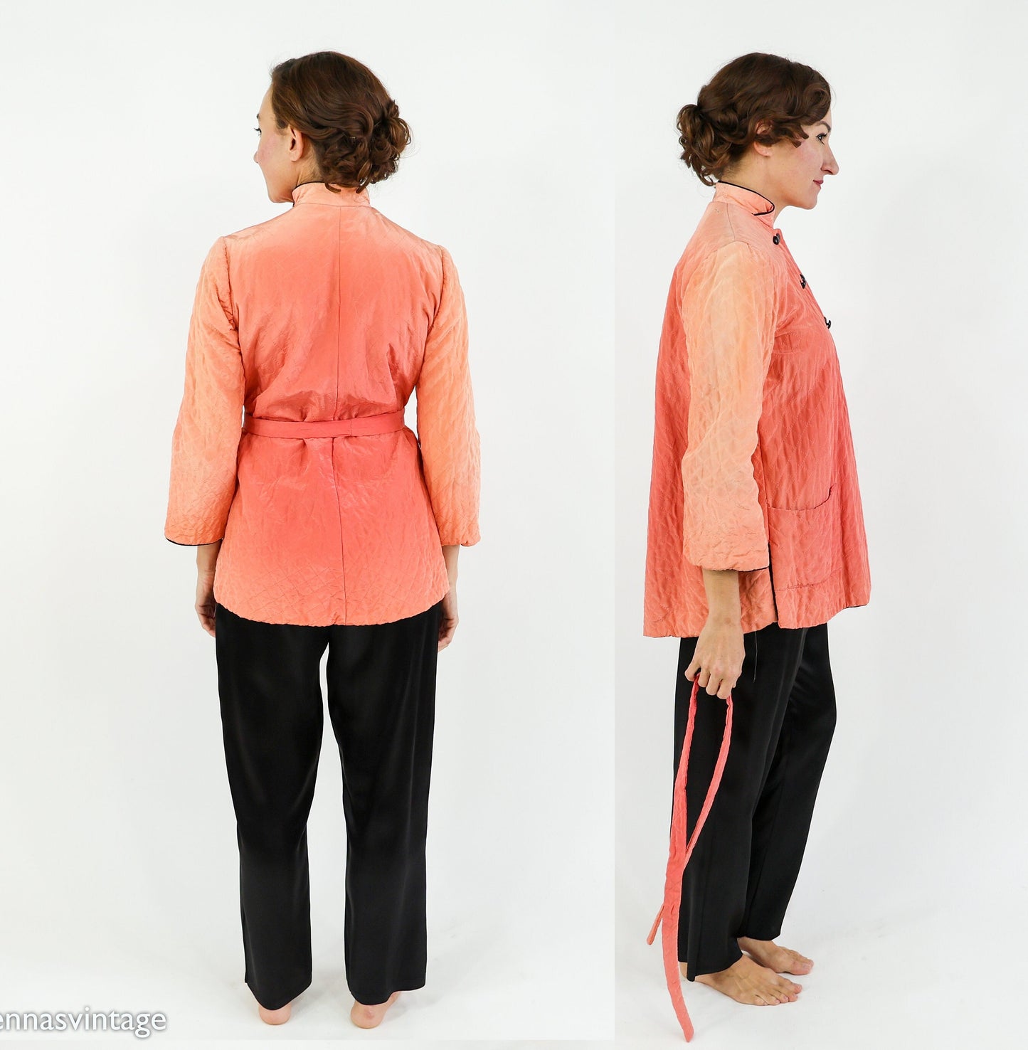 1940s Coral Quilted Pajamas Set, Peach Robe & Slacks, Medium