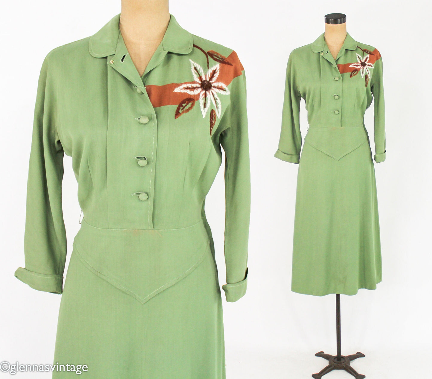 1940s Green Cotton Dress | 40s Green Embroidered Dress | Old Hollywood | Small