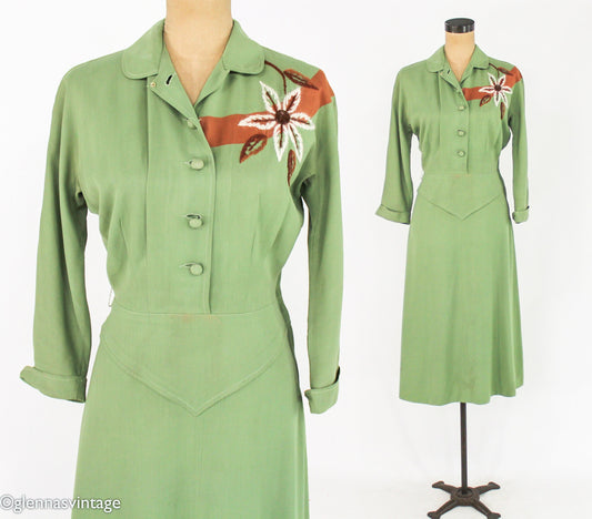 1940s Green Cotton Dress | 40s Green Embroidered Dress | Old Hollywood | Small