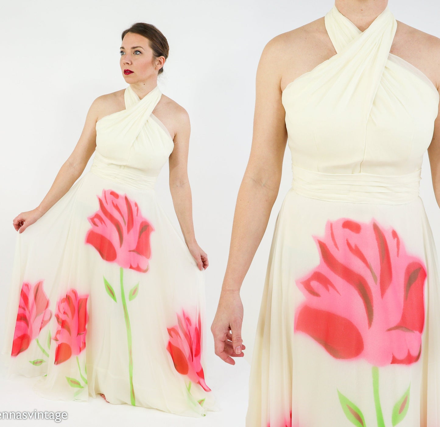 1950s Creme & Pink Silk Floral Evening Dress, Small