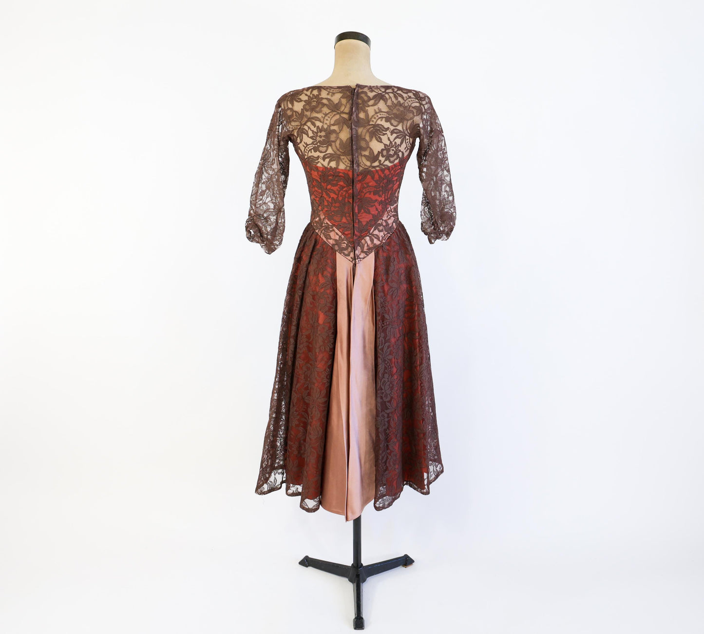 1950s Brown & Pink Lace Party Dress, Small