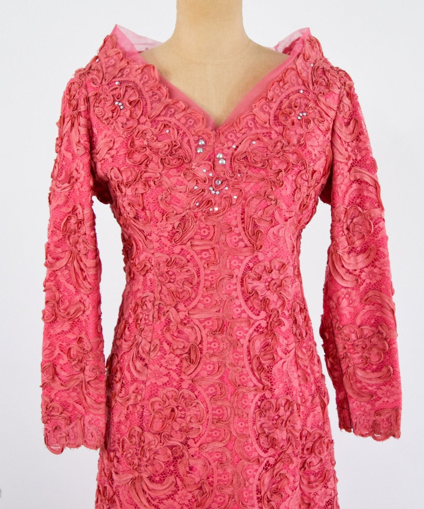1940s Coral Pink Lace & Rhinestone Evening Gown | 40s Pink Soutache Lace Rhinestone Dress | Old Hollywood | Medium