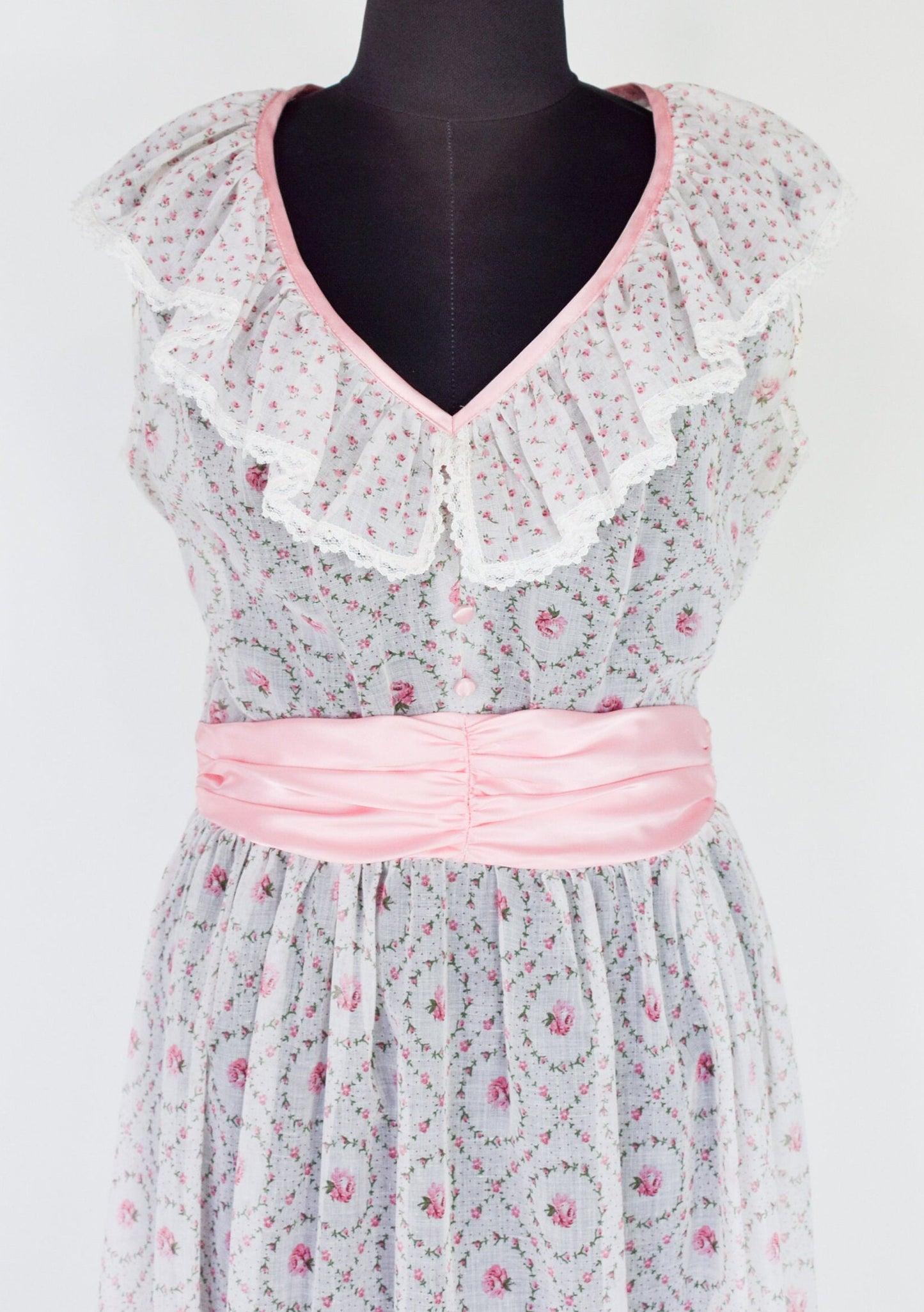 1970s White Pink Floral Print Maxi Dress, Small