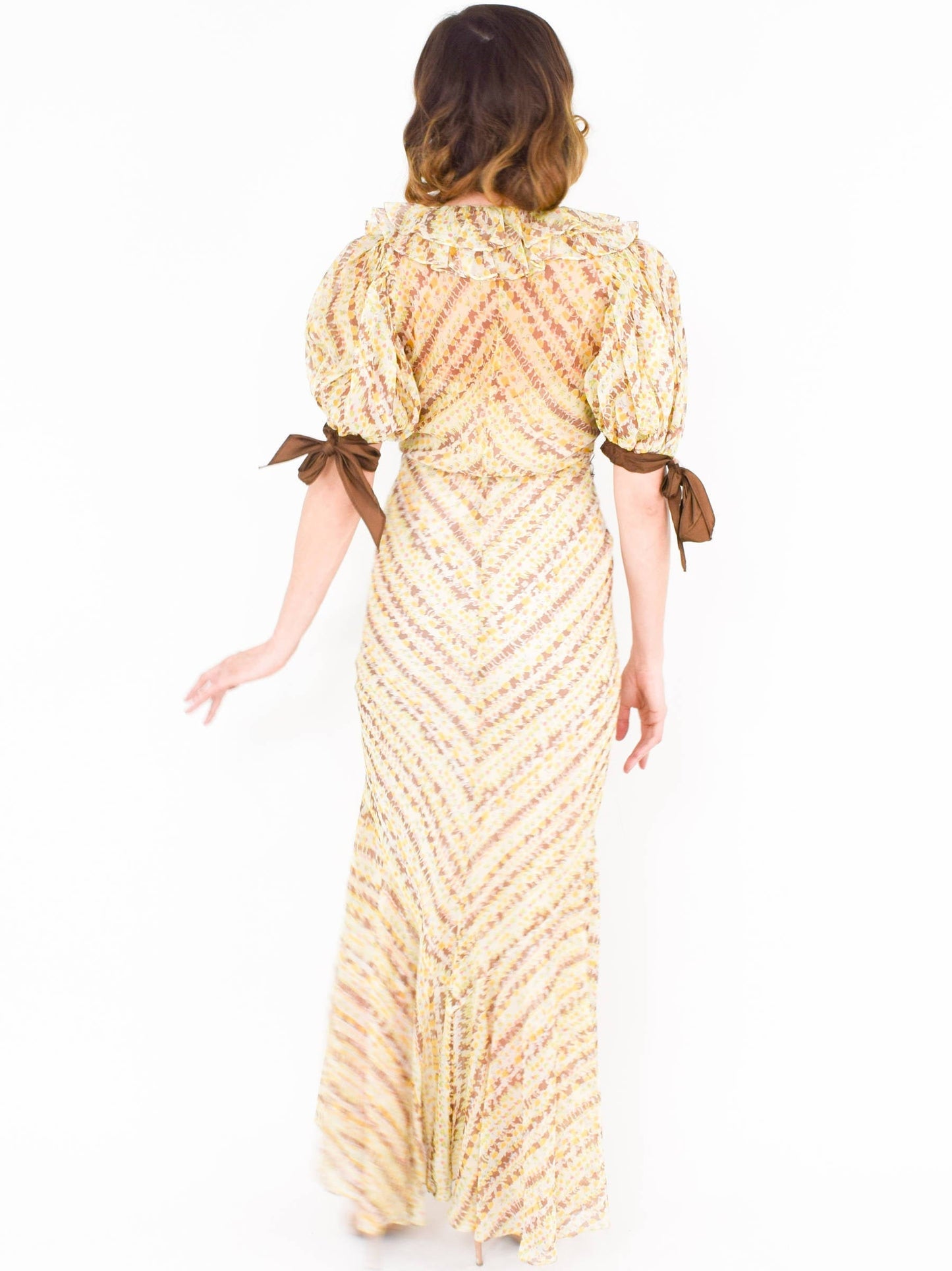 1930s Yellow Floral Print Organza Dress with Ruffle Trim, Small