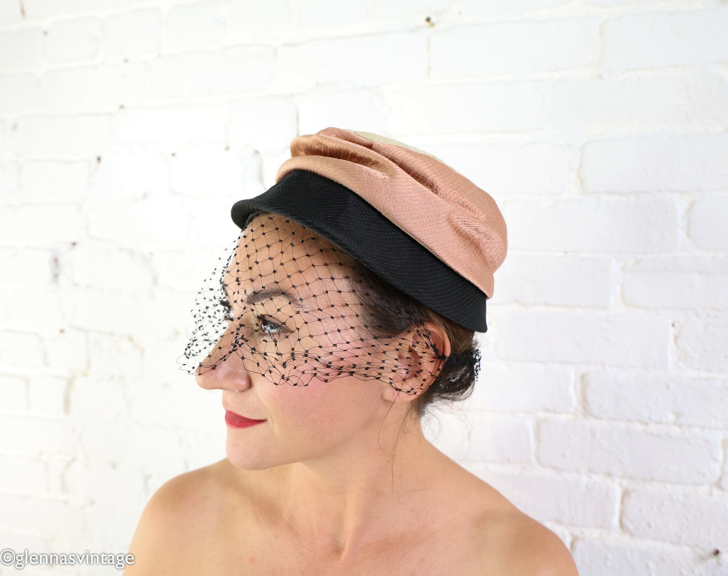 1950s Veiled Satin Cocktail Hat in Creme, Brown & Black