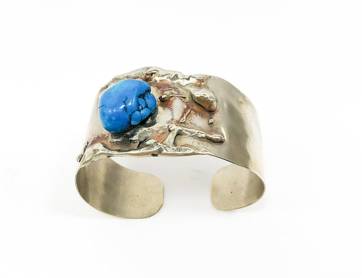 1960s Turquoise Nugget Silver Bracelet | 60s Alpaca Silver Cuff