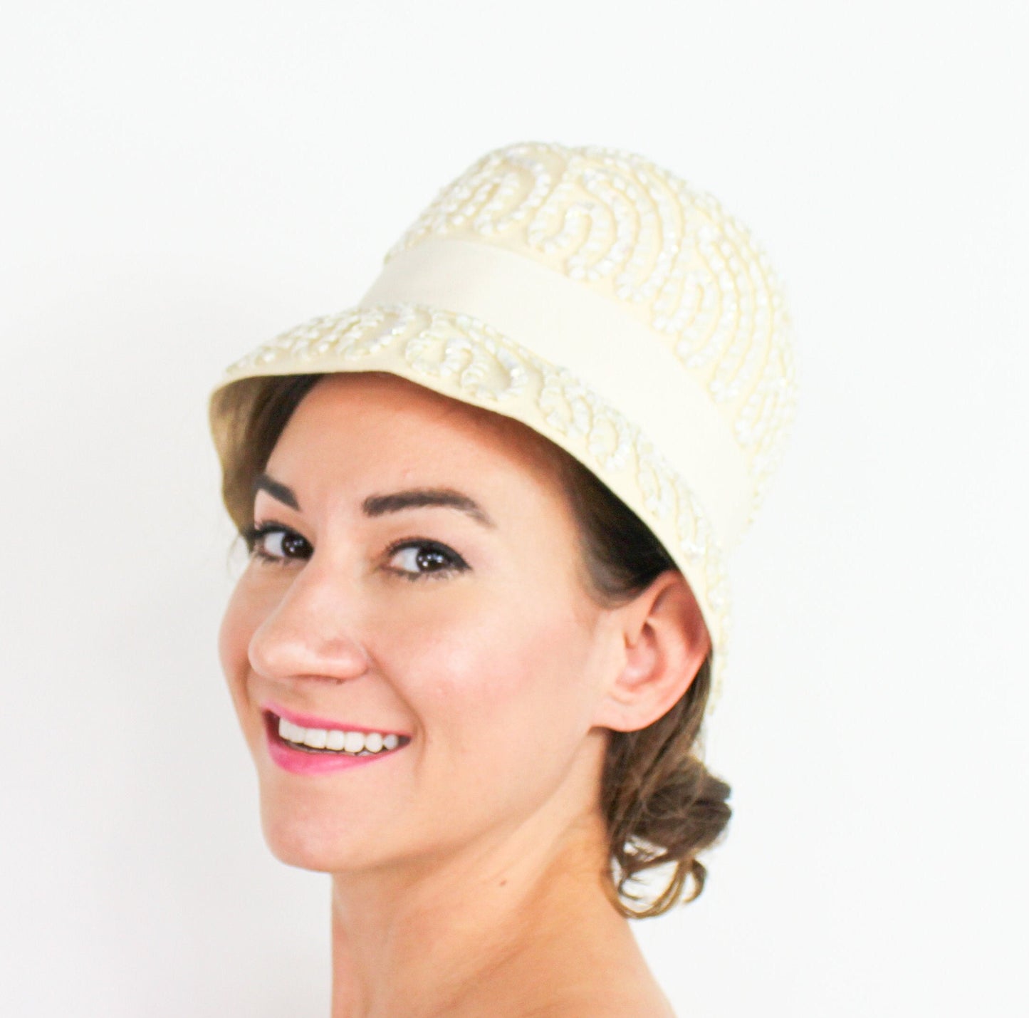 1960s Creme White Sequin Wool Felt Bucket Hat