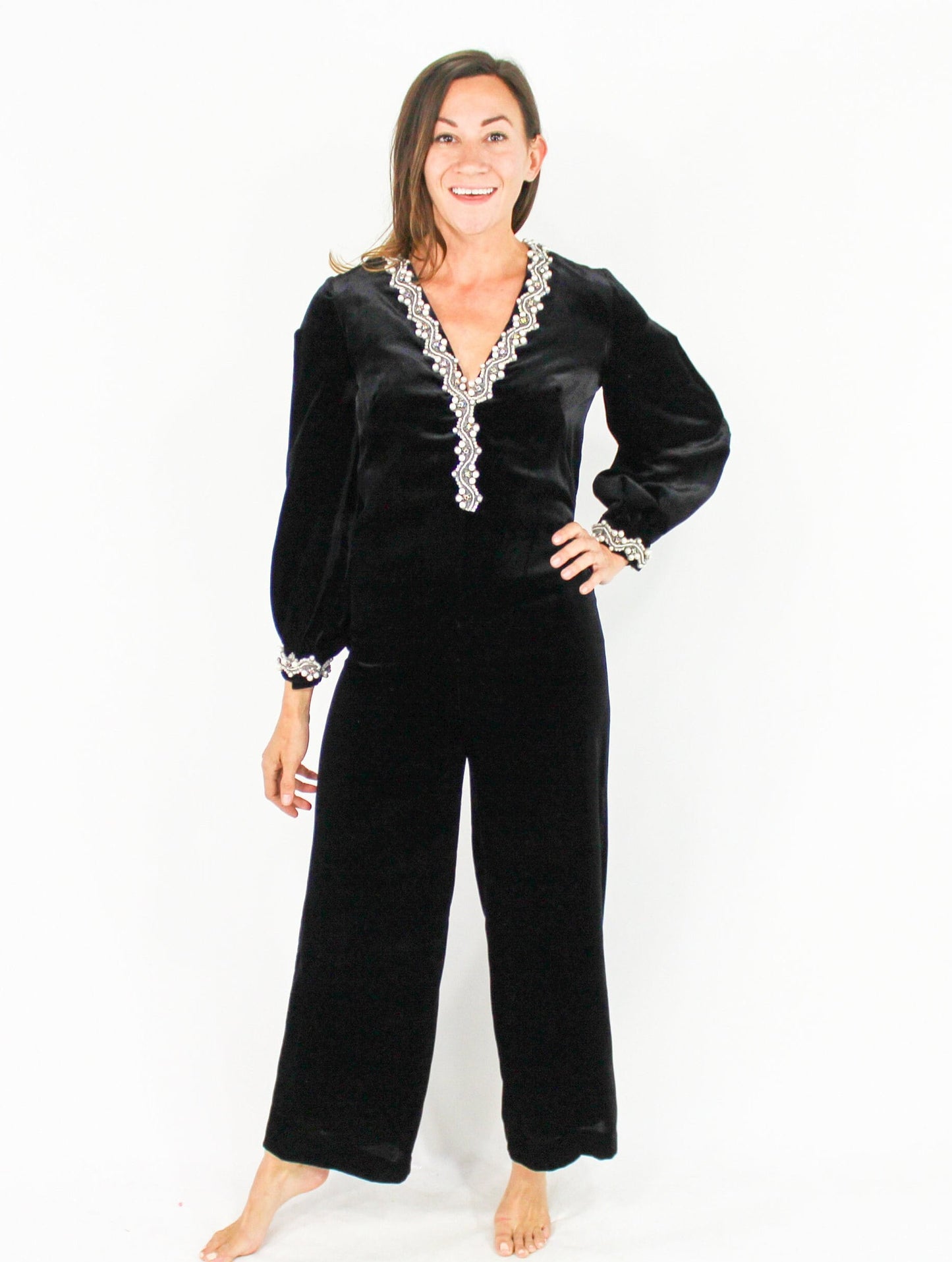 1970s Vintage Black Velvet Jumpsuit with Beaded Trim, Small
