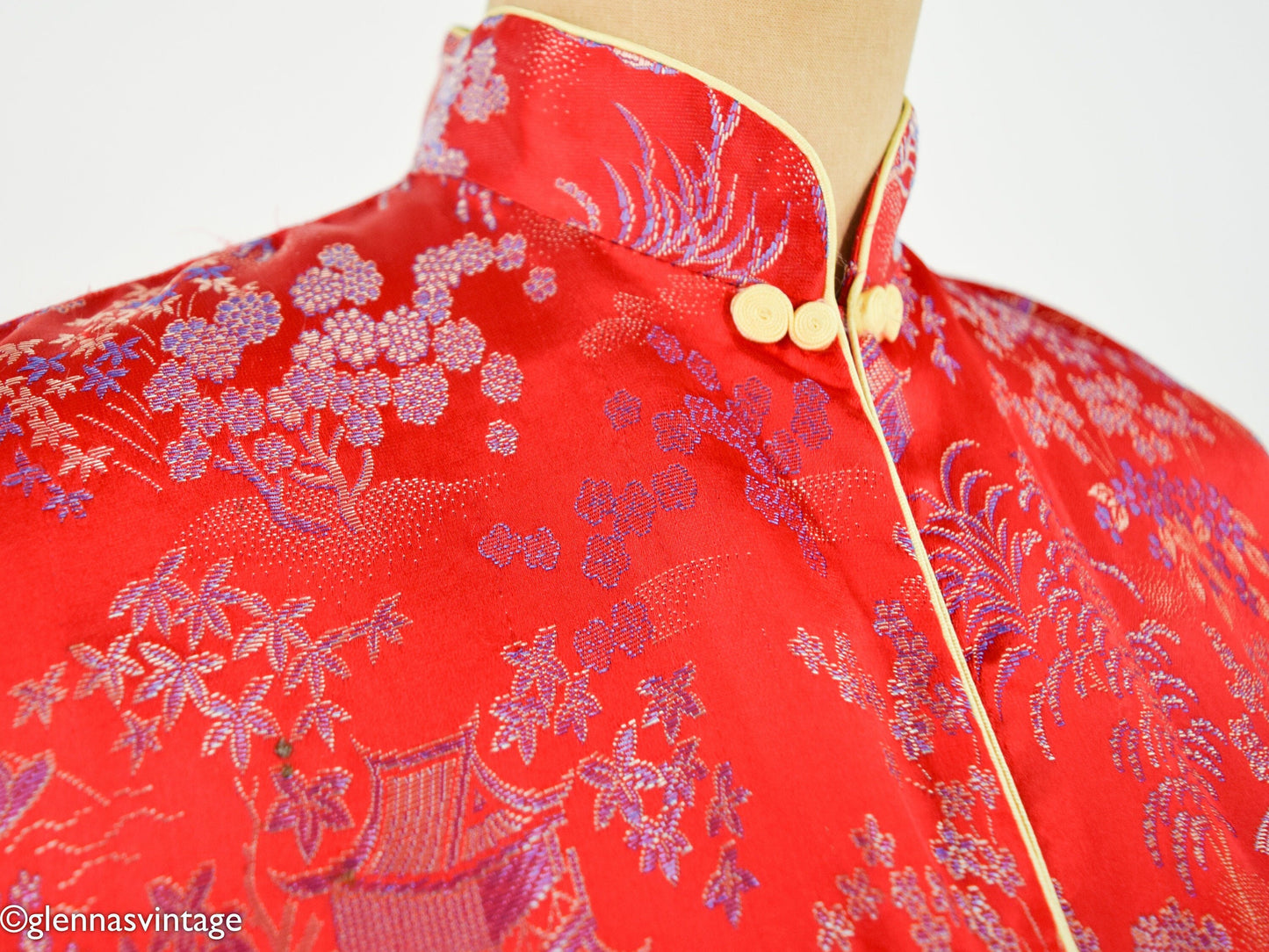 1950s Red Asian Design Pajama Set, Top & Pants Set, Large