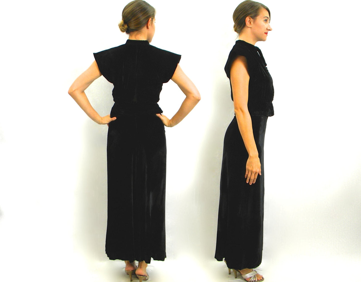 1930s Black Silk Velvet Gown with Deco Corded Shoulder Dress, Small