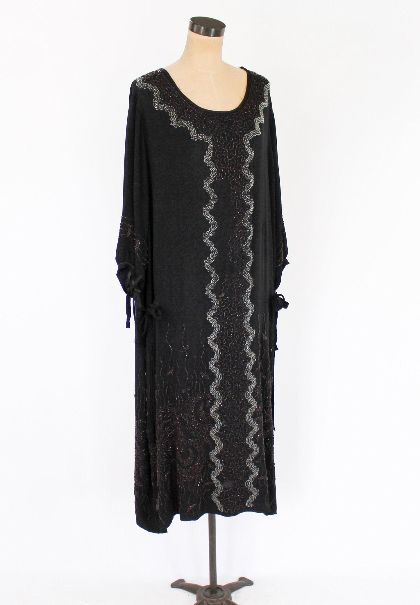 1920s Plus Size Beaded Black Silk Dress, Extra Large