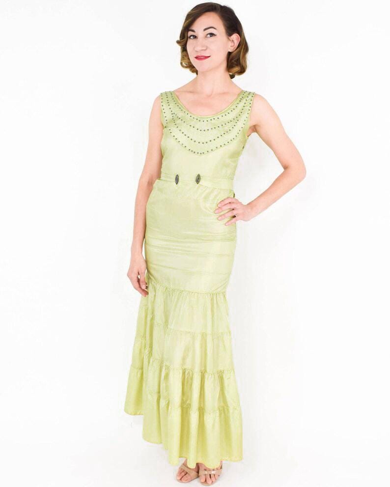 1930s Chartreuse Yellow Taffeta Evening Gown, Extra Small