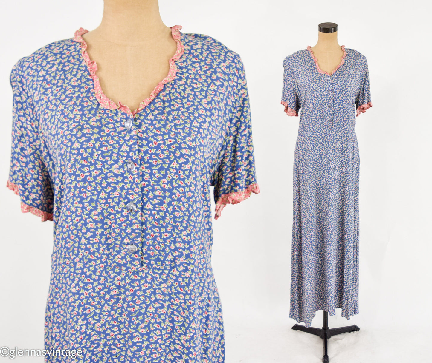 1990s Blue Flowered Dress | Bias Cut Dress, Medium